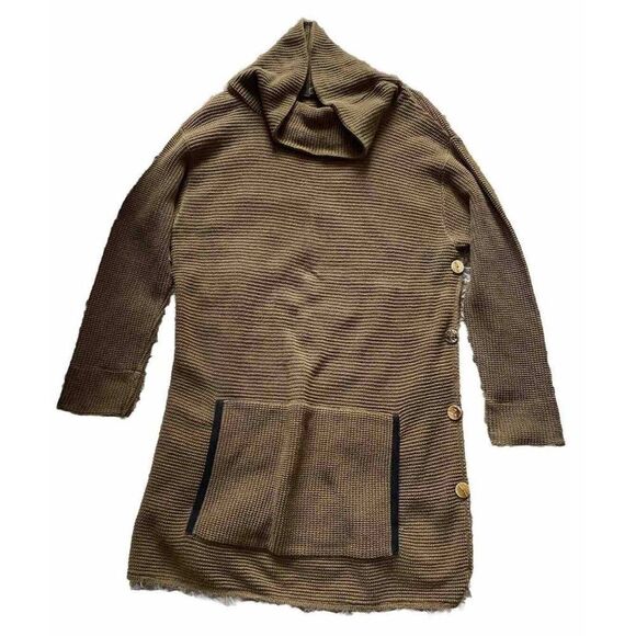 Margaret Winters Sweater Knit Brown Taupe Cotton Medium Cowl Neck Front Pocket - Picture 1 of 12